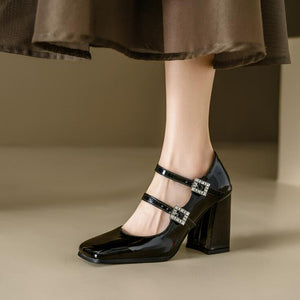 Square Toe Two Strap Mary Jane Chunky Heels LTST65