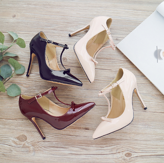 Women's Pointed T Strap Patent Heel Pumps AL20